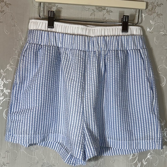 Exlura Blue and White Stripe High Waisted Boxer Shorts Size Small - Picture 2 of 10